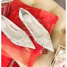 Rene Caovilla Crystal Lace Sheepskin High Heels White For Women 