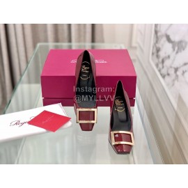Roger Vivier Classic Square Button Patent Sheepskin High Heels Wine Red