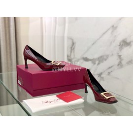 Roger Vivier Classic Square Button Patent Sheepskin High Heels Wine Red