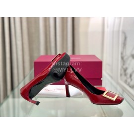 Roger Vivier Classic Square Button Patent Sheepskin High Heels Red