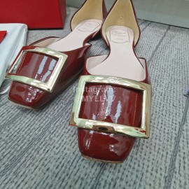 Roger Vivier Classic Square Button Patent Leather Flat Heels For Women Wine Red