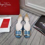 Roger Vivier Classic Square Button Patent Leather Flat Heels For Women Blue