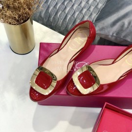 Roger Vivier Classic Square Button Flat Bottom Patent Leather Ballet Shoes Wine Red