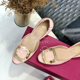 Roger Vivier Classic Square Button Flat Bottom Patent Leather Ballet Shoes Pink
