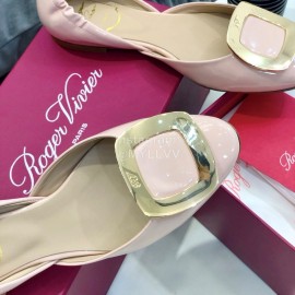 Roger Vivier Classic Square Button Flat Bottom Patent Leather Ballet Shoes Pink