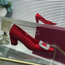 Roger Vivier Classic Silk Diamond Buckle Square Heel Shoes For Women Red