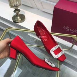 Roger Vivier Classic Silk Diamond Buckle Square Heel Shoes For Women Red