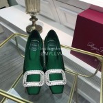 Roger Vivier Classic Silk Diamond Buckle Square Heel Shoes For Women Green
