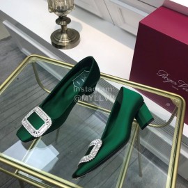 Roger Vivier Classic Silk Diamond Buckle Square Heel Shoes For Women Green