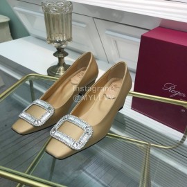 Roger Vivier Classic Silk Diamond Buckle Square Heel Shoes For Women Khaki