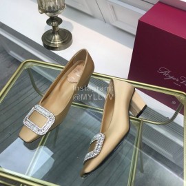 Roger Vivier Classic Silk Diamond Buckle Square Heel Shoes For Women Khaki
