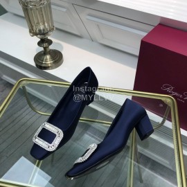 Roger Vivier Classic Silk Diamond Buckle Square Heel Shoes For Women Dark Blue
