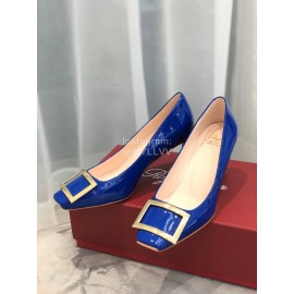 Roger Vivier Classic Gold Square Buckle High Heels For Women Blue