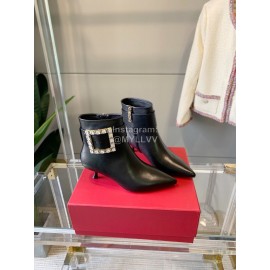Roger Vivier Black Leather Square Buckle Pointed High Heel Boots