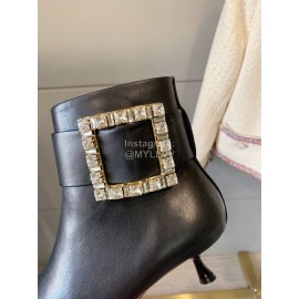 Roger Vivier Black Leather Square Buckle Pointed High Heel Boots
