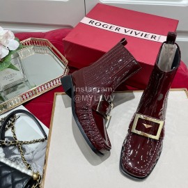 Roger Vivier Classic Cowhide Square Buckle Short Boots For Women Wine Red