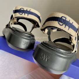 Stuart Weitzman Summer Sheepskin Embroidered Sandals For Women Dark Blue