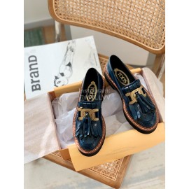 Tods Winter Calf Tassel Thick Soled Shoes For Women Dark Blue