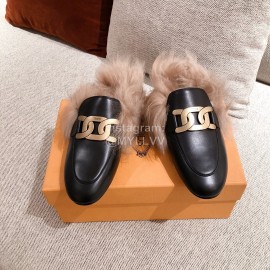 Tods Winter Wool Leather Muller Shoes For Women Black