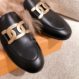 Tods Winter Wool Leather Muller Shoes For Women Black