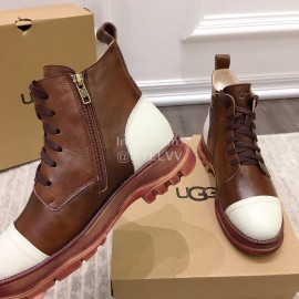Ugg Fashion Leather Color Matching Wool Boots For Women Brown