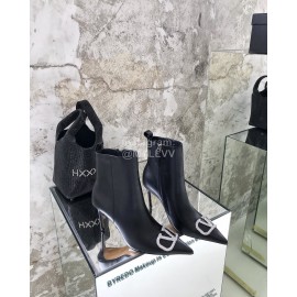 Valentino Autumn Winter New Metal V-Button Black High Heel Boots 