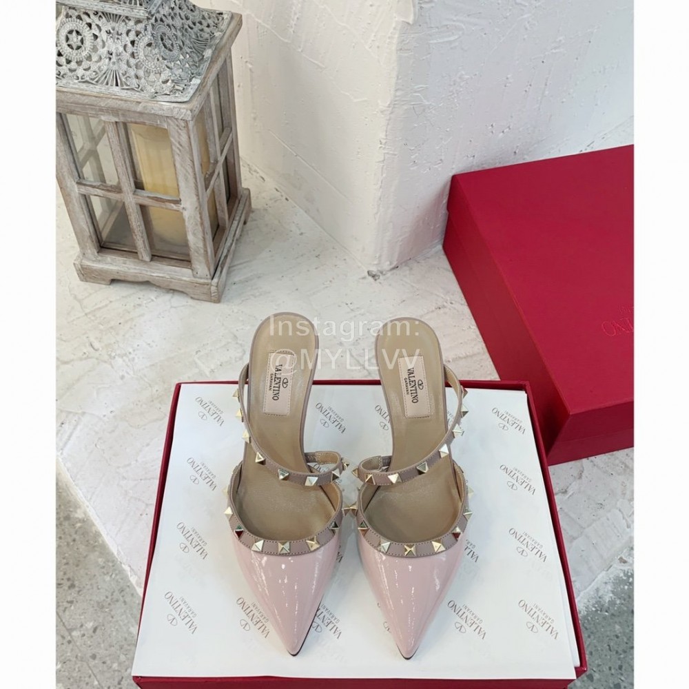 Valentino Fashion Cow Patent Leather Pointed High Heel Sandals Pink