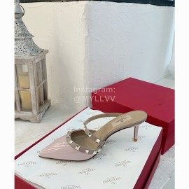 Valentino Fashion Cow Patent Leather Pointed High Heel Sandals Pink