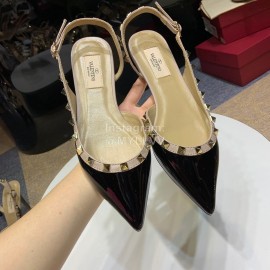Valentino Classic Cow Patent Leather Riveted Flat Heel Sandals Black