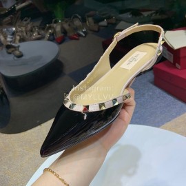 Valentino Classic Cow Patent Leather Riveted Flat Heel Sandals Black