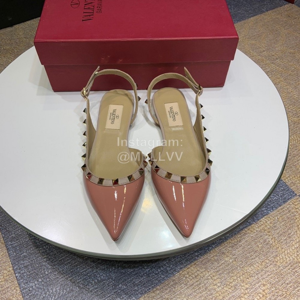 Valentino Classic Cow Patent Leather Riveted Flat Heel Sandals Rose Red