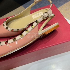Valentino Classic Cow Patent Leather Riveted Flat Heel Sandals Rose Red