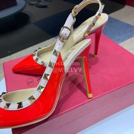 Valentino Classic Leather Rivet High Heel Sandals Red