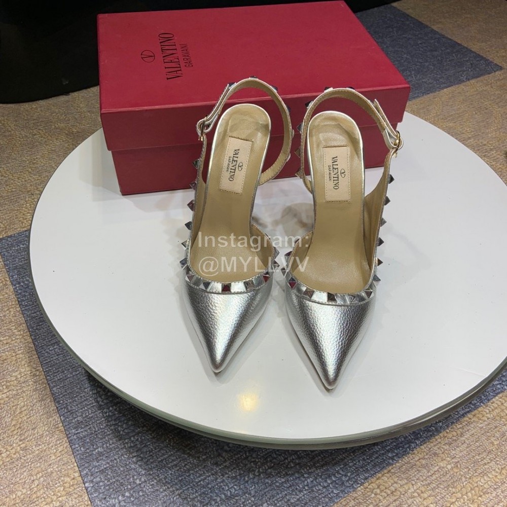 Valentino Classic Leather Rivet High Heel Sandals Silver