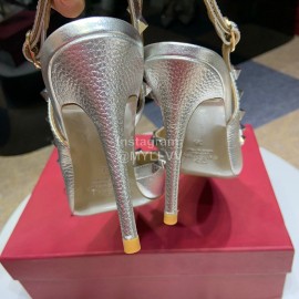 Valentino Classic Leather Rivet High Heel Sandals Silver