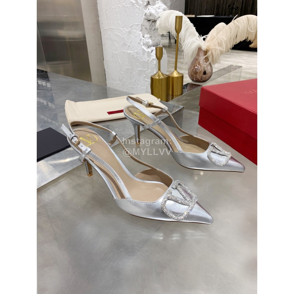 Valentino Fashion Leather Pointed High Heel Sandals For Women Silver