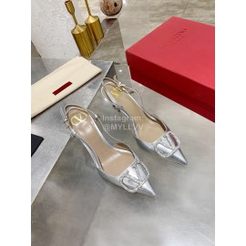 Valentino Fashion Leather Pointed High Heel Sandals For Women Silver