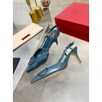 Valentino Fashion Leather Pointed High Heel Sandals For Women Green