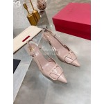 Valentino Fashion Leather Pointed High Heel Sandals For Women Dark Pink