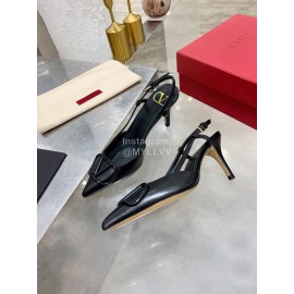 Valentino Fashion Black Leather Pointed High Heel Sandals For Women