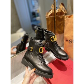 Valentino Fashion Cowhide Lace Up Short Boots For Women Black
