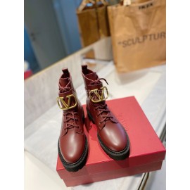 Valentino Fashion Cowhide Lace Up Short Boots For Women Wine Red