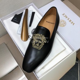 Versace Black Embroidered Cowhide Casual Loafers For Men