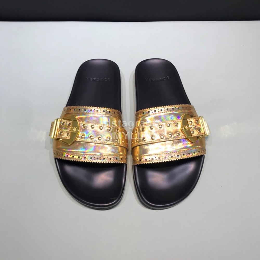 Versace Fashion Leather Slippers For Men Gold