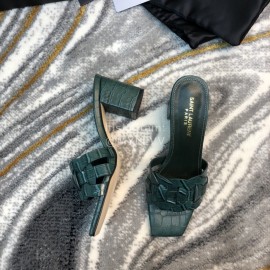 Ysl Fashion Leather High Heel Slippers For Women Green