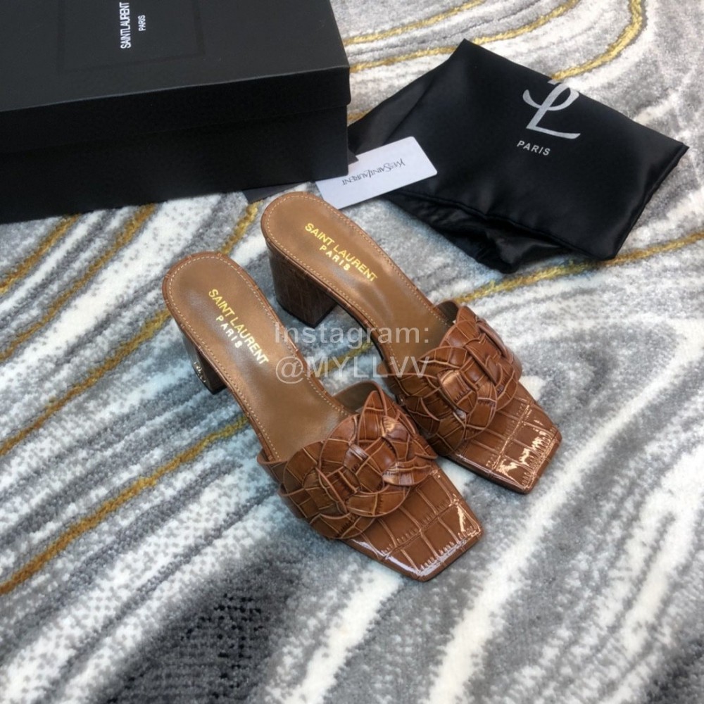 Ysl Fashion Leather High Heel Slippers For Women Brown