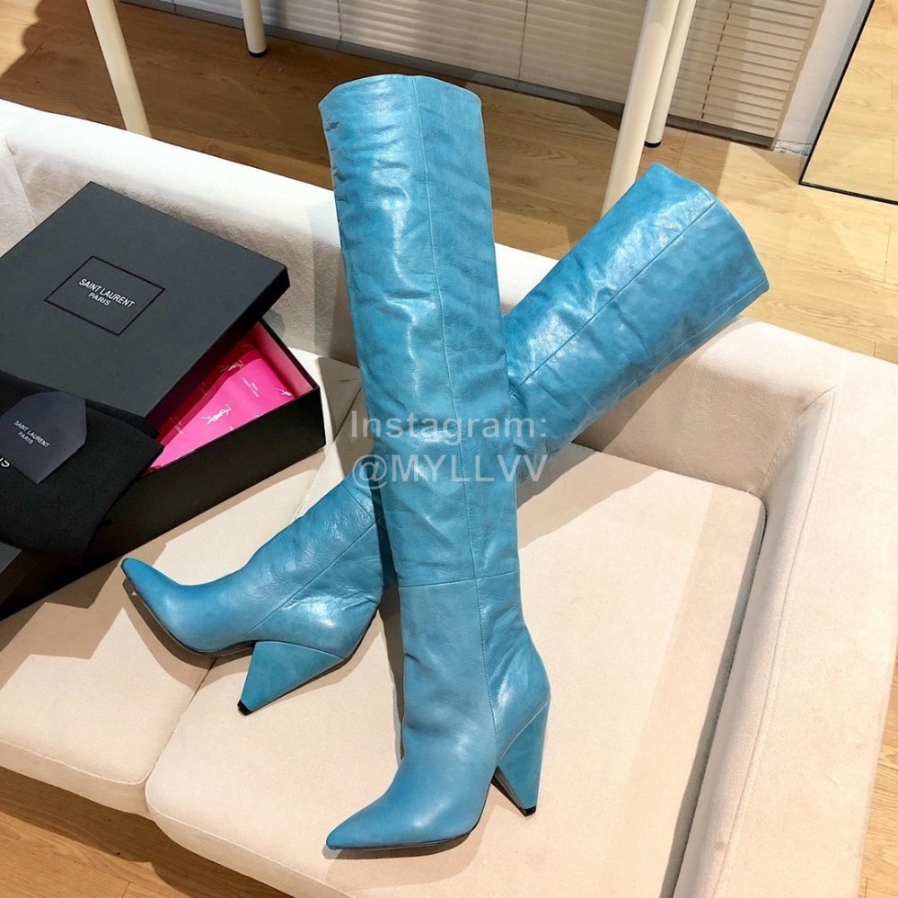 Ysl Autumn Winter Fashion Calf Leather Pointed High Heel Boots For Women Blue