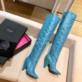 Ysl Autumn Winter Fashion Calf Leather Pointed High Heel Boots For Women Blue