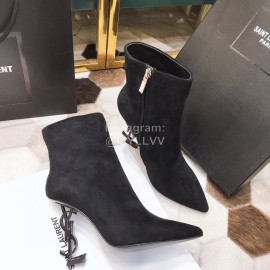 Ysl Fashion Black Velvet Leather Pointed High Heel Boots For Women 