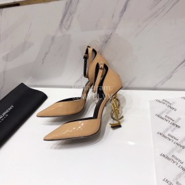 Ysl Fashion Patent Leather Pointed High Heel Sandals For Women Apricot